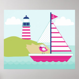 Cute Pink Sail Boat and Lighthouse Poster
