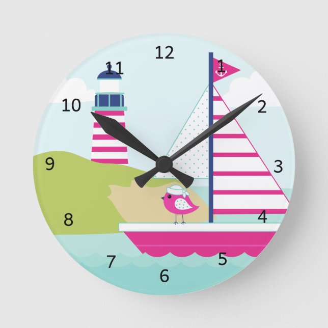 Cute Pink Sail Boat and Lighthouse Round Clock (Front)