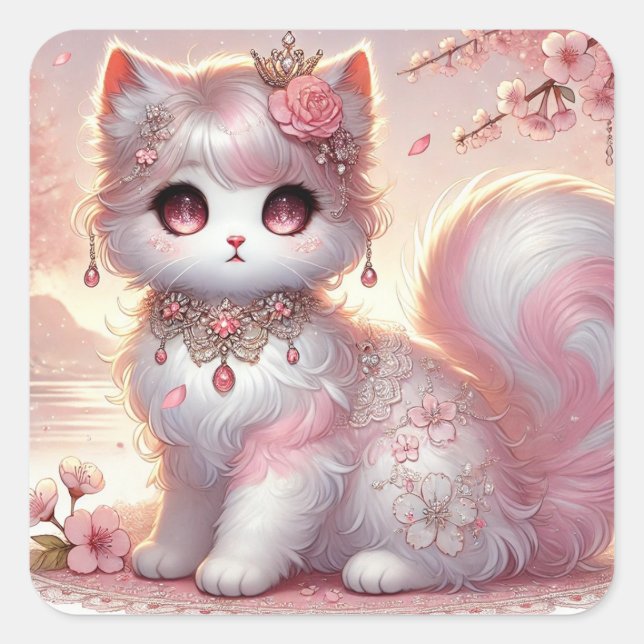 Cute Pink Sakura Cherry Blossom Princess Cat Square Sticker (Front)
