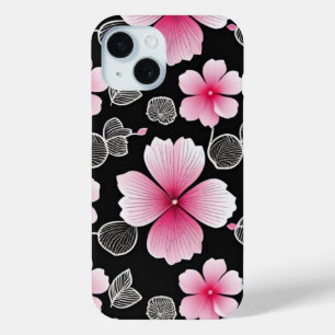 Cute Pink Sakura Pattern on Black Background iPhone 15 Case