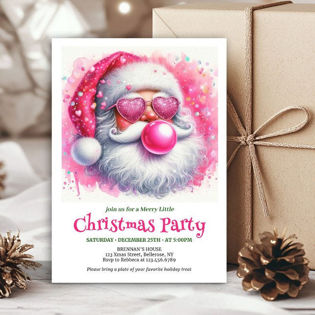 Cute pink santa chewing gum watercolor Xmas invite (Cute pink santa chewing gum watercolor Xmas invite)