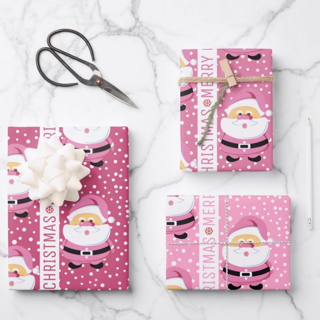 Cute Pink Santa Claus Merry Christmas holiday Wrapping Paper Sheet (Front)