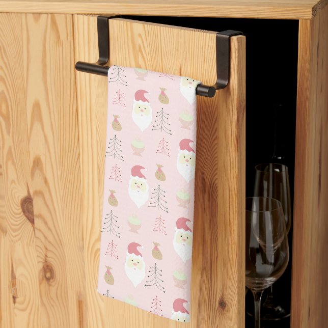 Cute Pink Santa Holiday Pattern Tea Towel (Thirds Fold)