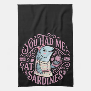 Cute Pink Sardines Cartoon Quote Tea Towel