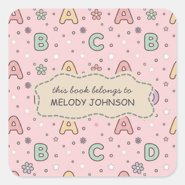 Cute Pink School Letters Pattern Name Bookplate Square Sticker (Front)