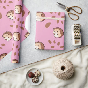 Cute Pink Seamless Wrapping Paper with Hedgehogs