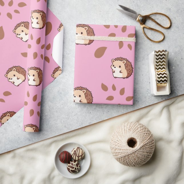 Cute Pink Seamless Wrapping Paper with Hedgehogs (Crafts)