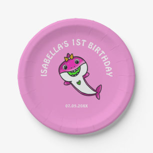 Cute Pink  Shark Baby Girl 1st Birthday   Paper Plate