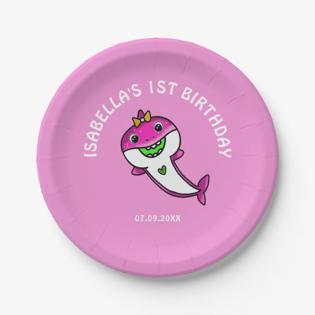 Cute Pink  Shark Baby Girl 1st Birthday   Paper Plate (Front)