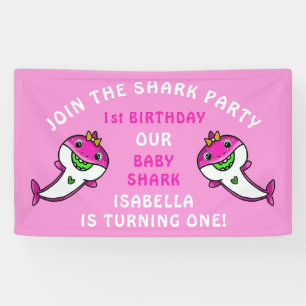Cute Pink Shark Baby Girl 1st Birthday Party Banner