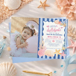 Cute Pink Shellebrate Seashell Under The Sea Photo Invitation