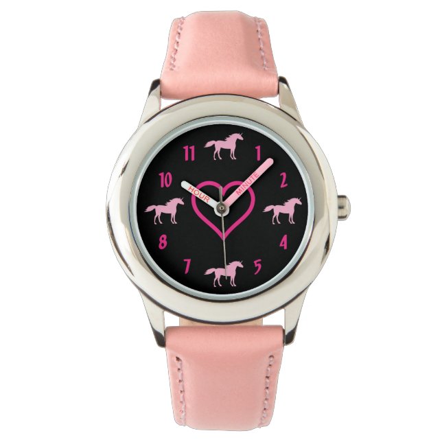 Cute Pink Silhouette Unicorns and Heart on Black Watch (Front)