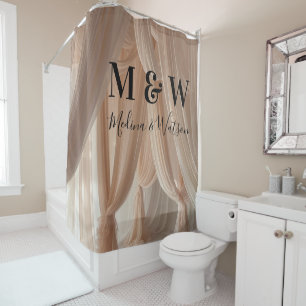 Cute Pink Silk Black Monogram Funny Script Wedding Shower Curtain