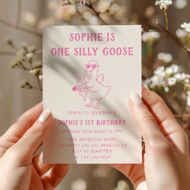 Cute Pink Silly Goose 1st Birthday Invitation (Creator Uploaded)