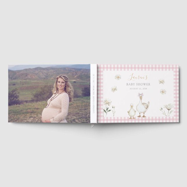 Cute Pink Silly Goose Whimsical Photo Baby Shower Guest Book (Full)