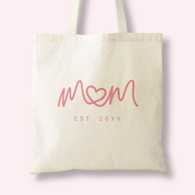 Cute Pink Simple Script Heart Mum Established Est Tote Bag (Cute Pink Simple Script Heart Mom Established Est Tote Bag)