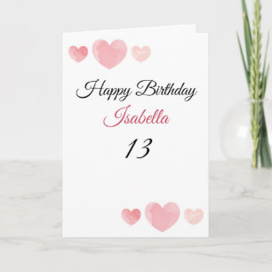 Cute Pink Six Watercolor Hearts 13th Birthday Card