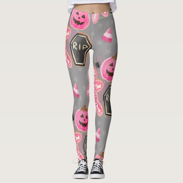 cute pink skeleton Halloween with candy Leggings (Front)