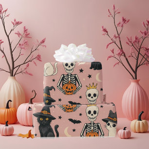 Cute Pink Skeleton Princess & Halloween Cats Wrapping Paper