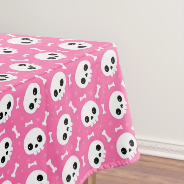 Cute Pink Skull & Bones Halloween Pattern Tablecloth (In Situ)