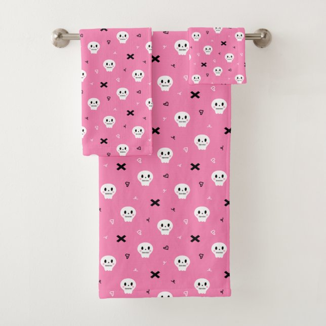 Cute Pink Skull Halloween Pattern Bath Towel Set (Insitu)
