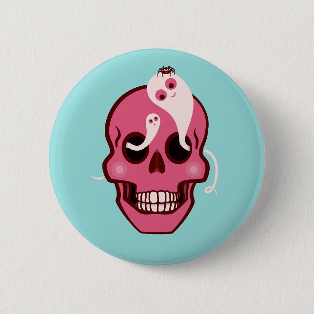 Cute Pink Skull With Spider And Ghosts In Eyes 6 Cm Round Badge (Front)