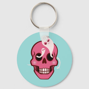Cute Pink Skull With Spider And Ghosts In Eyes Key Ring
