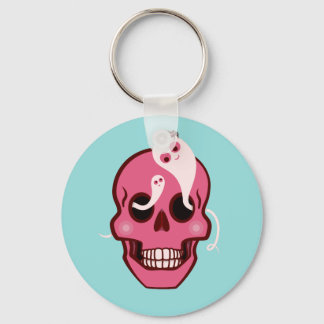 Cute Pink Skull With Spider And Ghosts In Eyes Key Ring