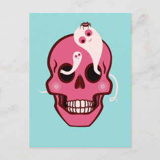Cute Pink Skull With Spider And Ghosts In Eyes Postcard