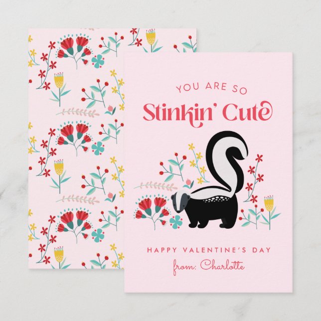 Cute Pink Skunk Classroom Valentine Card (Front/Back)