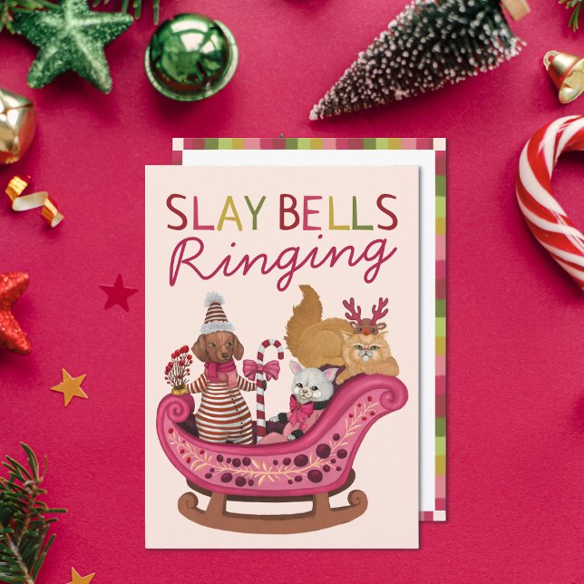Cute Pink Slay Bells Ringing Dog Diva Christmas Holiday Card (Creator Uploaded)