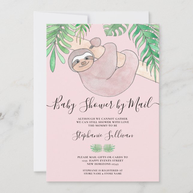 Cute Pink Sloth Baby Shower By Mail Invitation (Front)