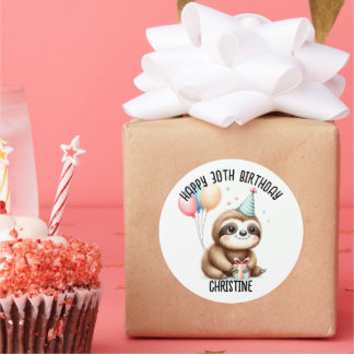 Cute pink sloth Birthday Party favours Classic Round Sticker