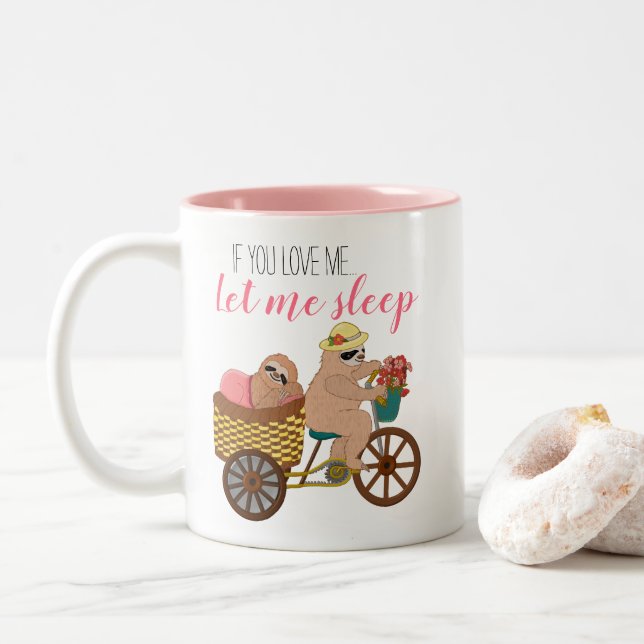 Cute Pink Sloth Cartoon Funny Sleep Quote Two-Tone Coffee Mug (With Donut)