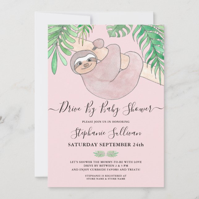 Cute Pink Sloth Drive By Baby Shower Invitation (Front)