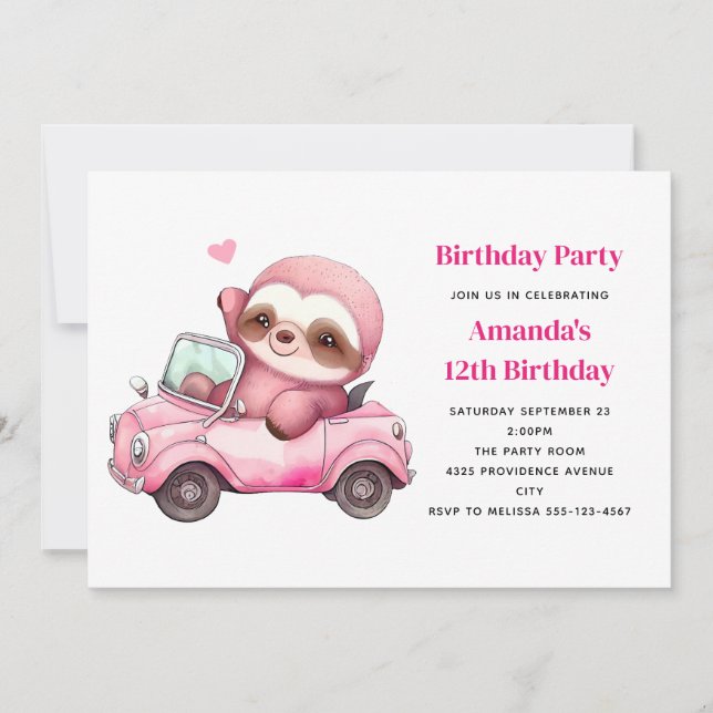 Cute Pink Sloth Driving a Car Birthday Invitation (Front)