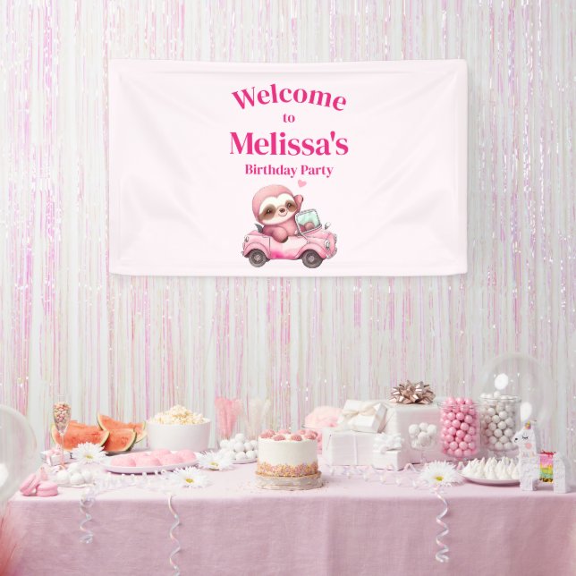 Cute Pink Sloth Driving a Car Birthday Welcome Banner (Party)