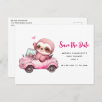 Cute Pink Sloth Driving a Car Save the Date