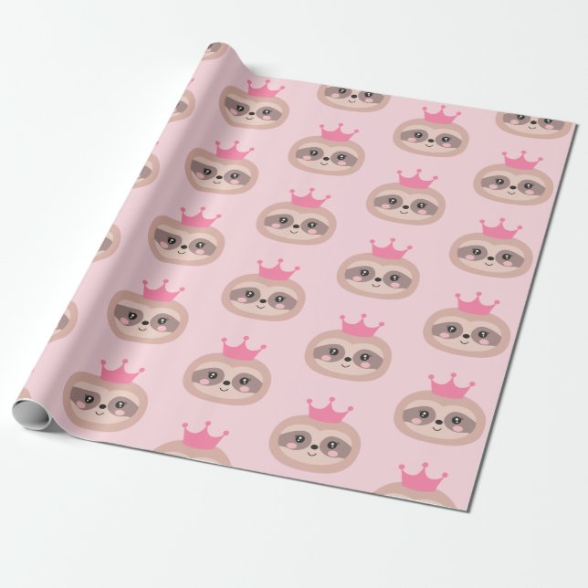 Cute Pink Sloth Princess Wrapping Paper (Unrolled)