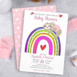 Cute Pink Sloths Boho Rainbow Girl Baby Shower Invitation