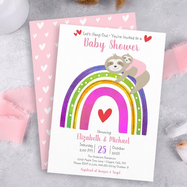 Cute Pink Sloths Boho Rainbow Girl Baby Shower Invitation (Creator Uploaded)