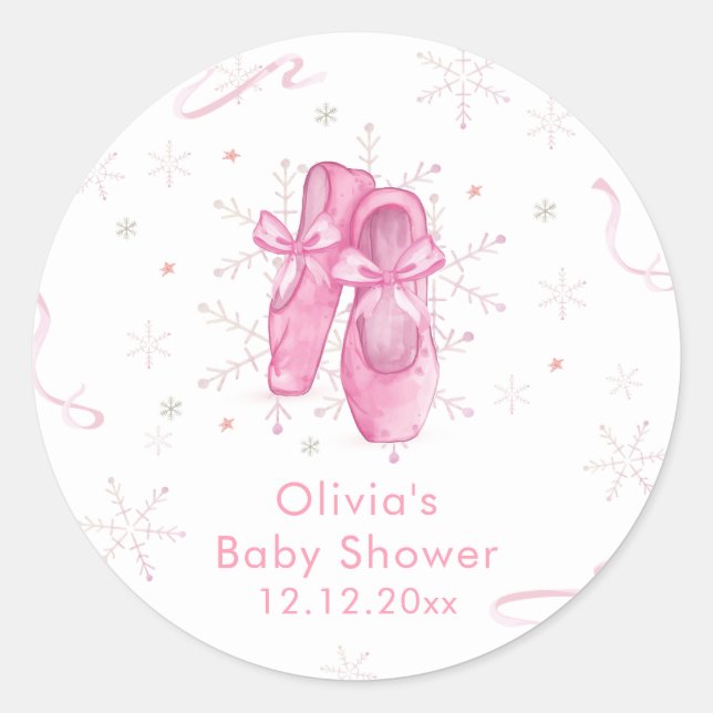 Cute Pink Snowflake Ballerina Girl Baby Shower  Classic Round Sticker (Front)