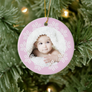 Cute Pink Snowflake Frame Girl Photo Christmas Ceramic Tree Decoration