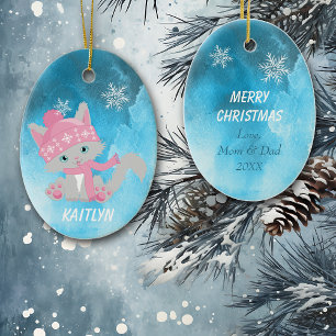 Cute Pink Snowflake Kitten Ceramic Tree Decoration