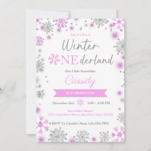 Cute Pink Snowflake Winter Birthday Party Invitation