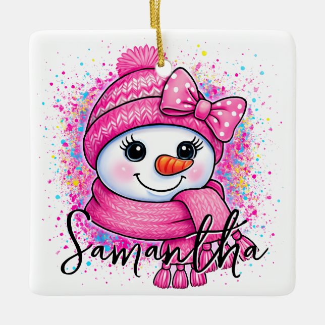 Cute Pink Snowgirl Photo Ceramic Ornament (Front)