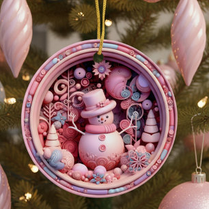 Cute Pink Snowman Christmas Ceramic Tree Decoration