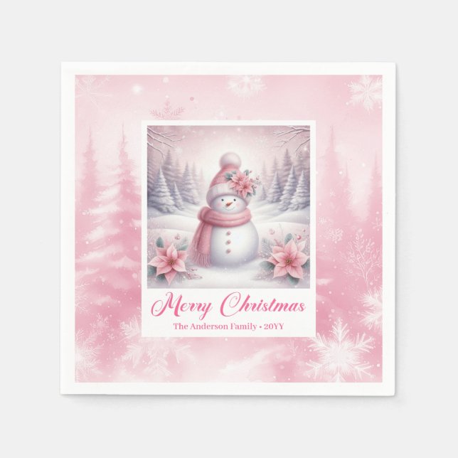 Cute Pink Snowman Christmas Napkin Winter Scene (Front)