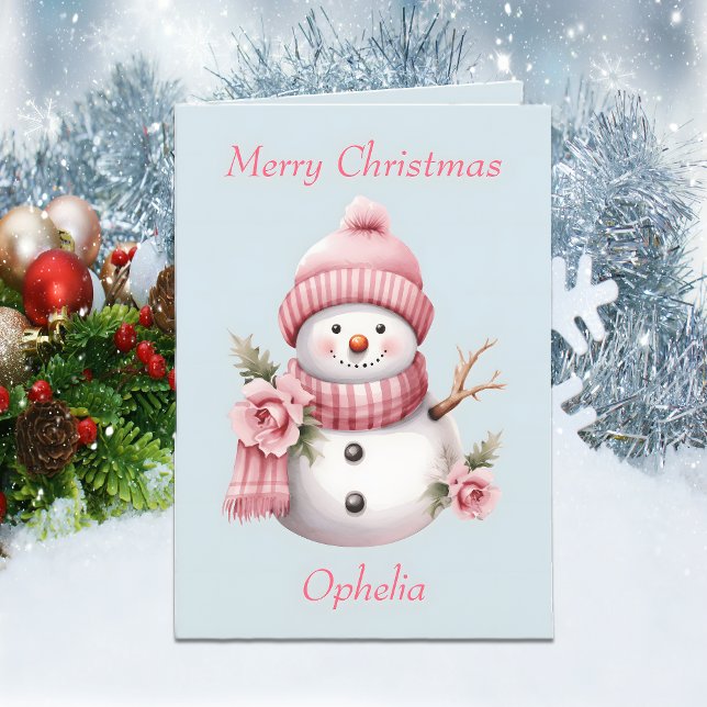Cute Pink Snowman Daughter Christmas Card (Front)