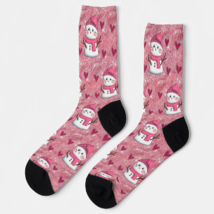 Cute Pink Snowman hearts Personalised Name  Socks